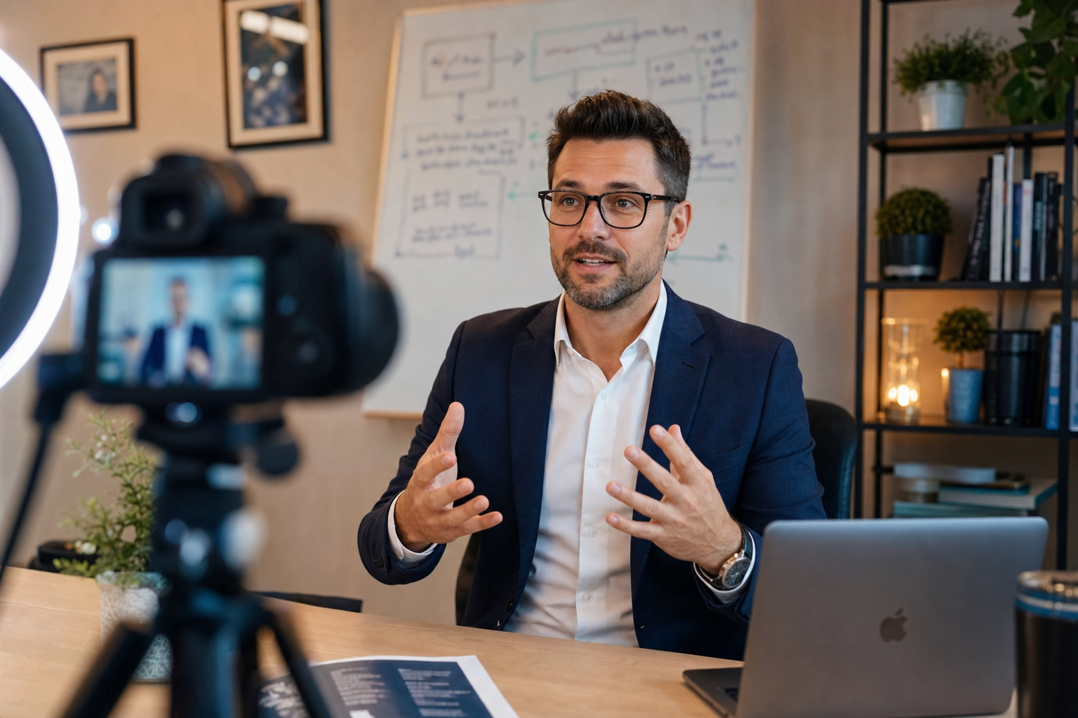 Business owner recording educational video content in a professional office setup