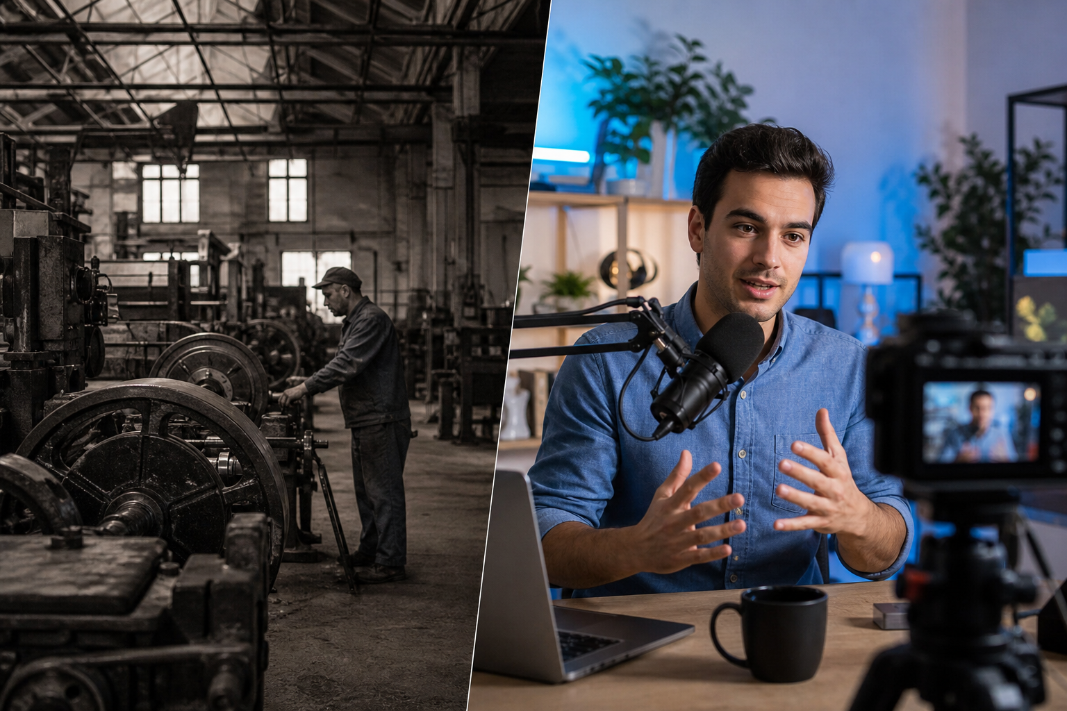 Visual contrast between industrial factory production and modern content creation studio