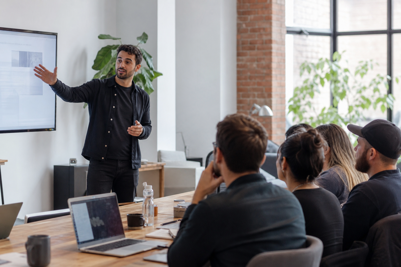 Business owner teaching a workshop to an engaged audience with laptops