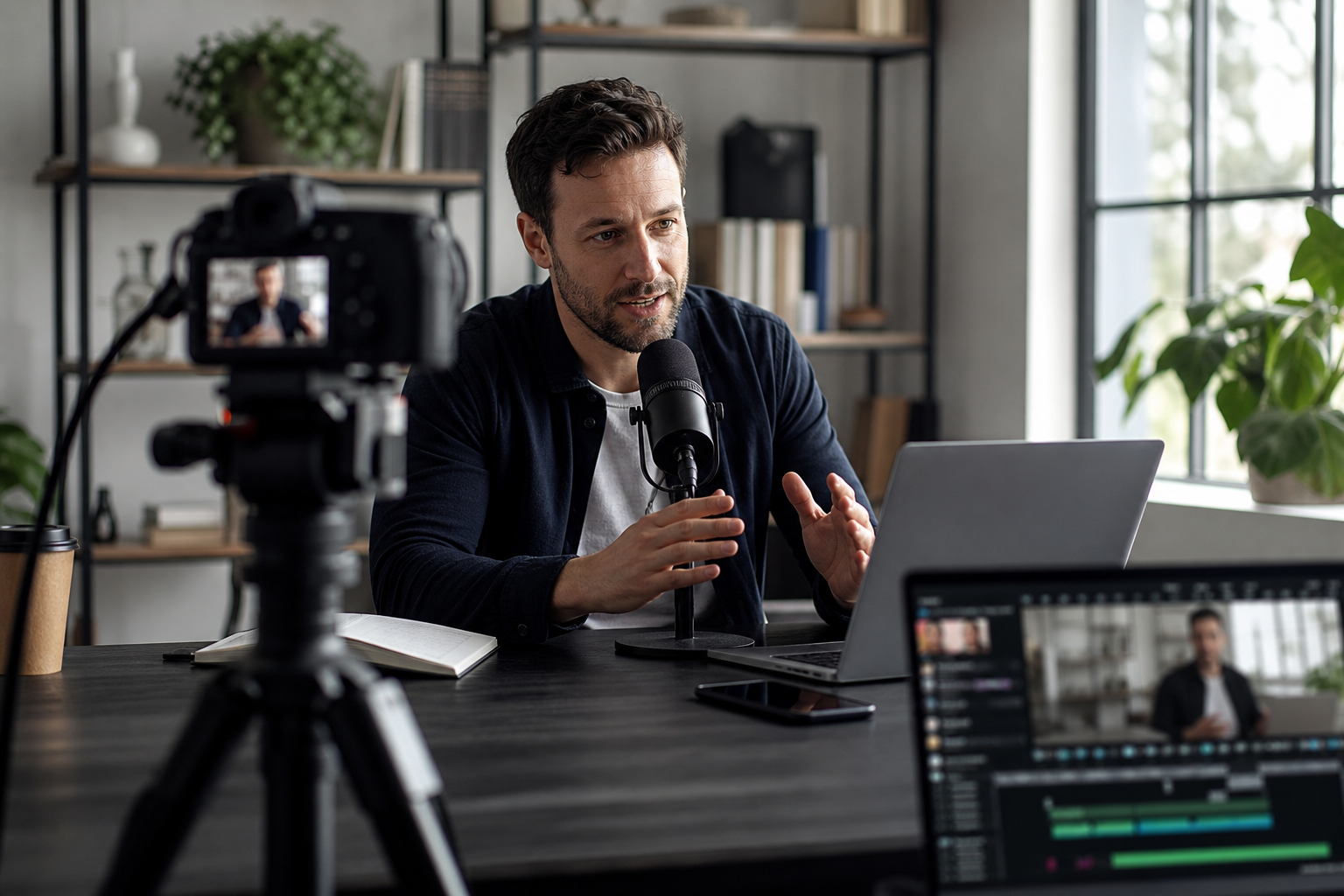 Entrepreneur in a home media studio with podcast microphone and video camera setup