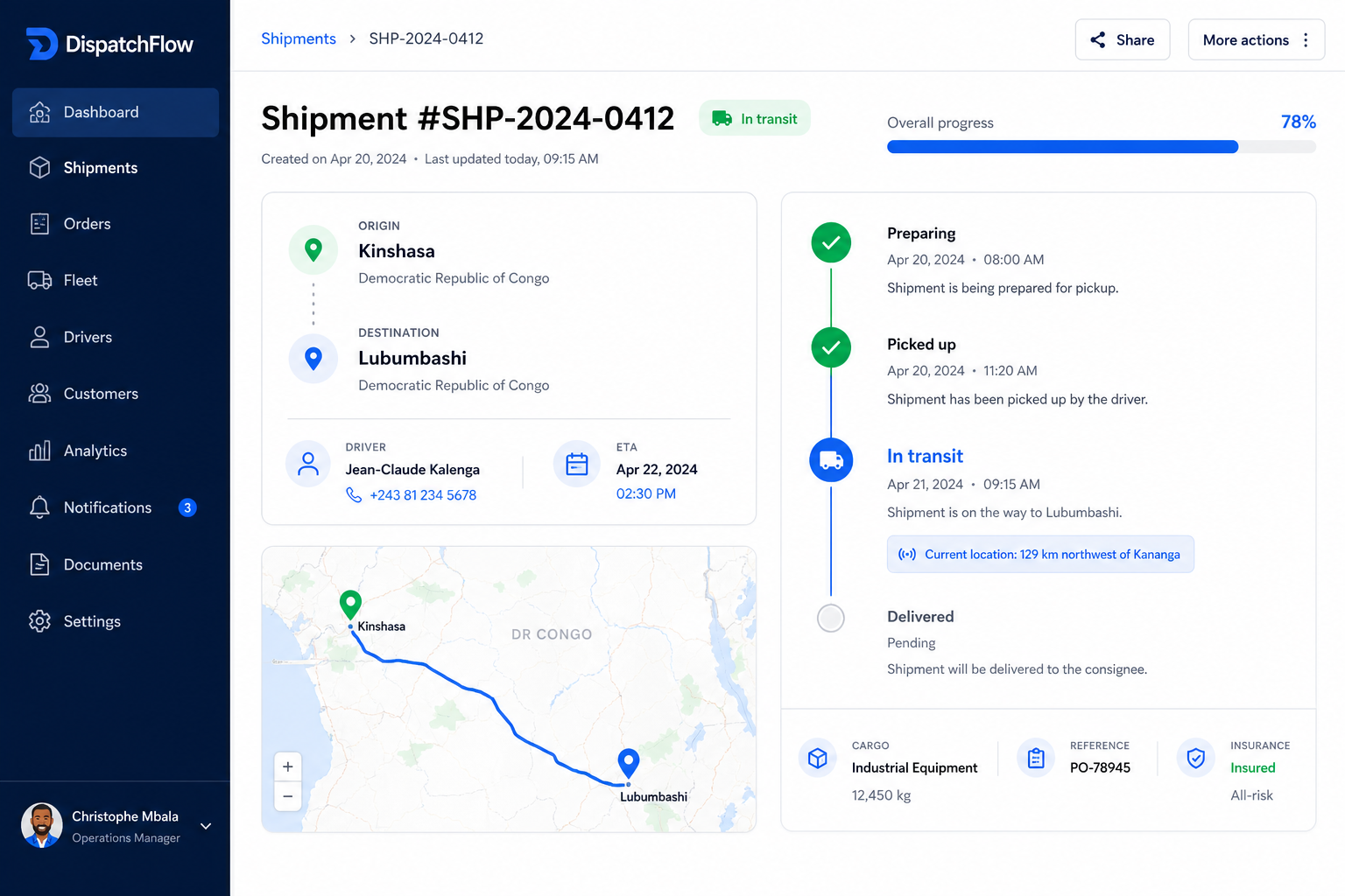 DispatchFlow shipment tracking timeline and delivery progress