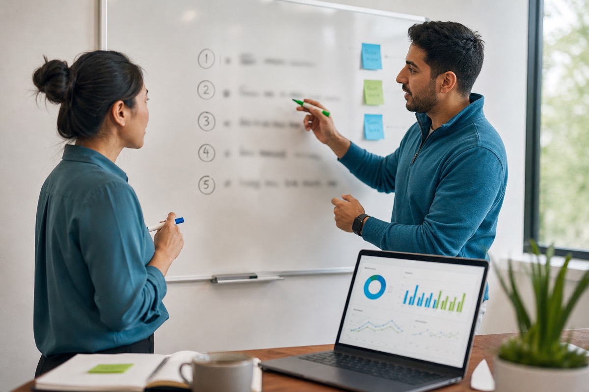 Founder and operations lead reviewing a short AI-era pilot checklist beside a metrics dashboard