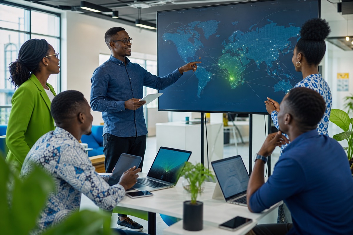 Diverse Africa-based tech team collaborating around global opportunity maps and digital workflows