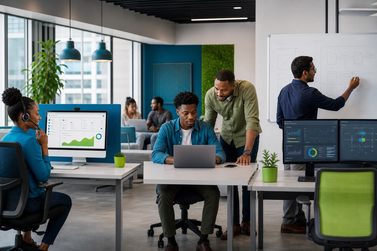 Modern office showing operations automation, lead capture, and portfolio building working together