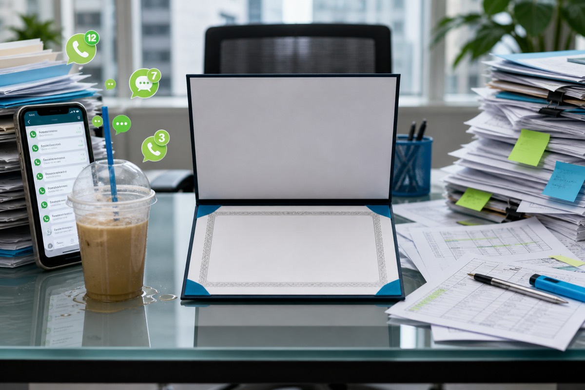 Three gaps on one desk: spreadsheet chaos, missed messages, and a degree without portfolio proof