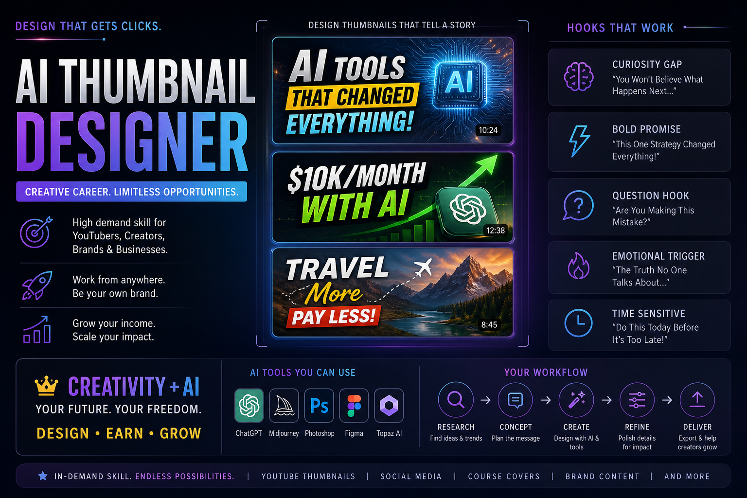 Workflow diagram: brief, AI draft thumbnails, human QC, client delivery