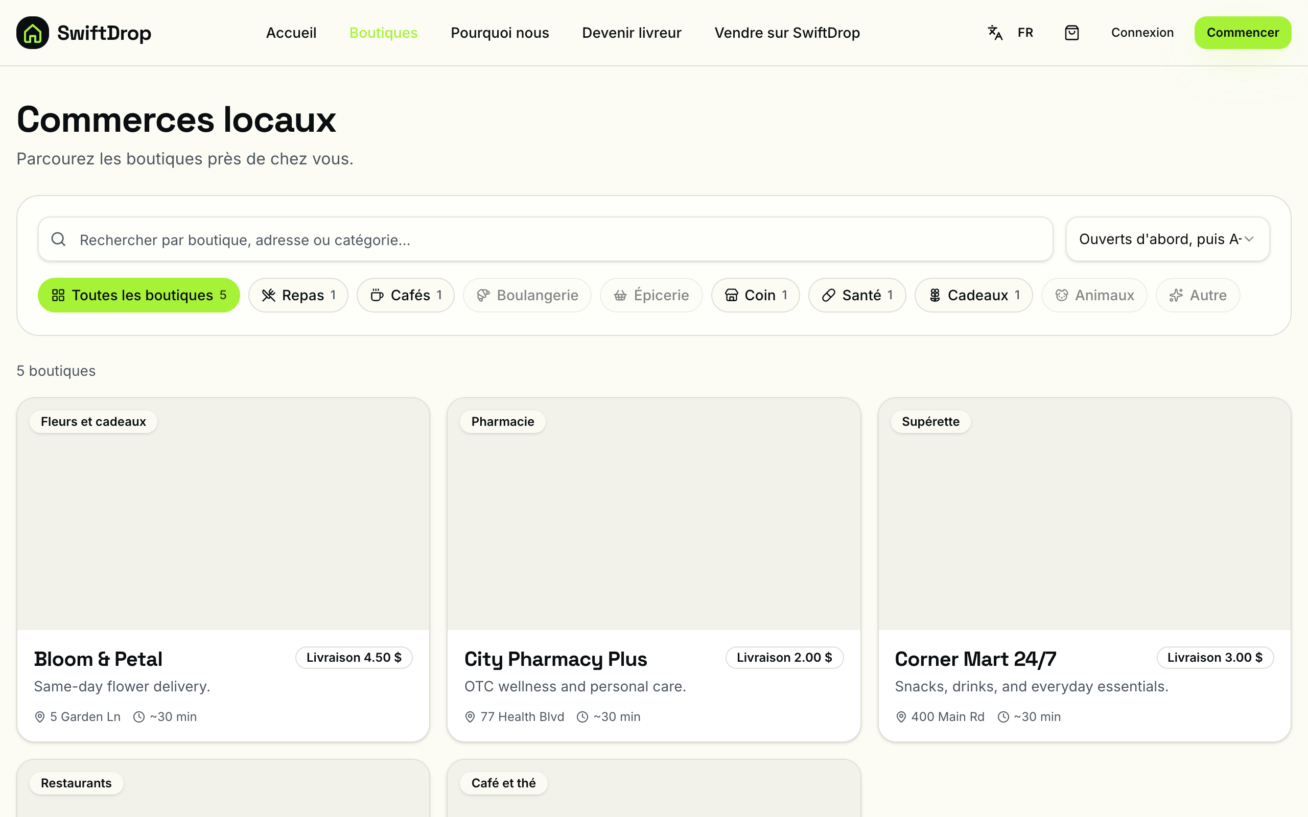 SwiftDrop local shops grid with categories and delivery fees