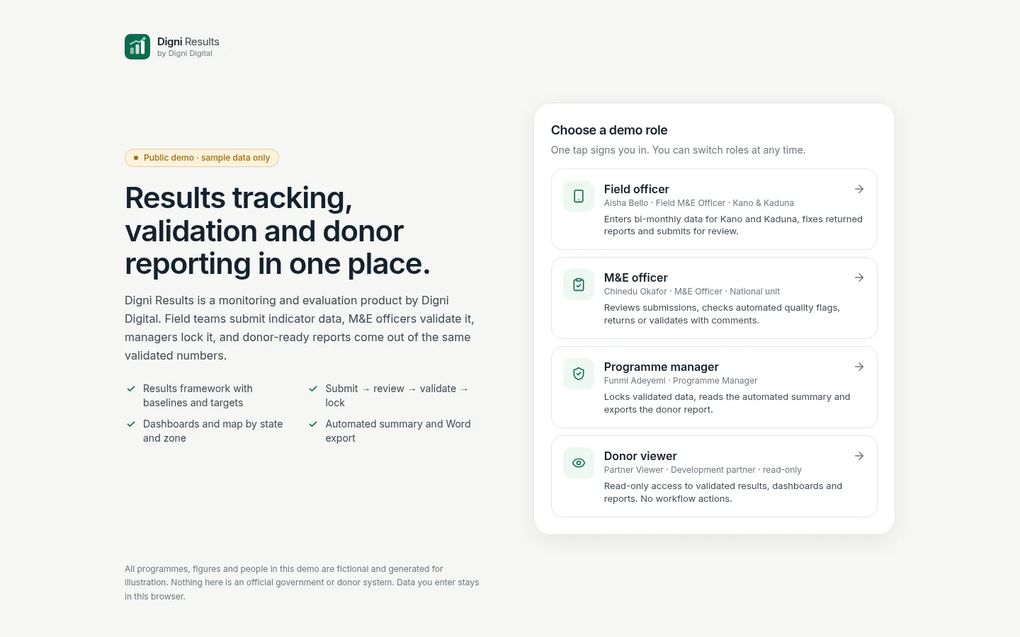 Digni Results — desktop screen