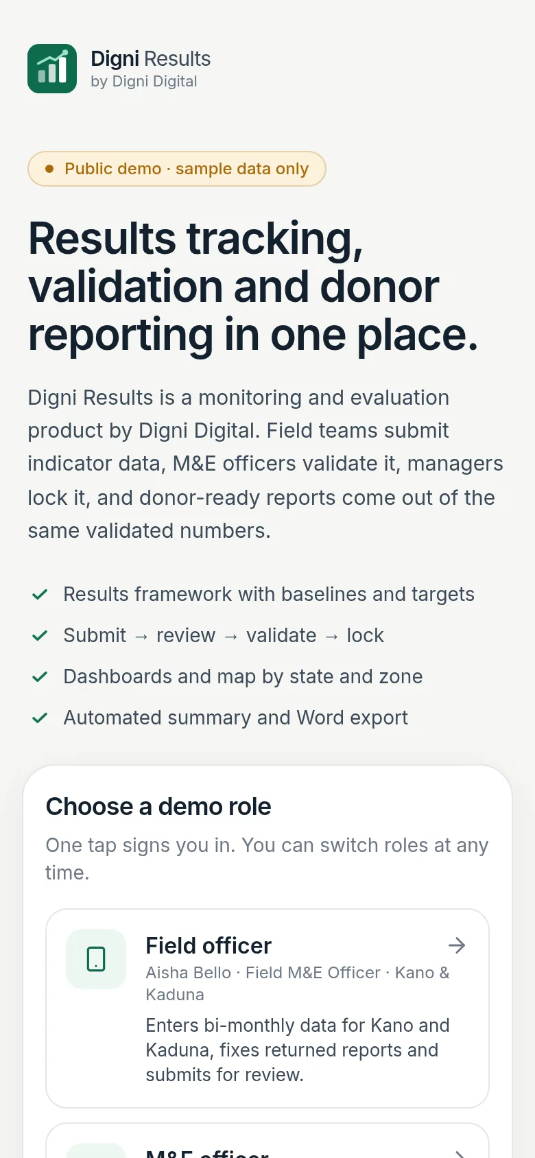 Digni Results — phone screen
